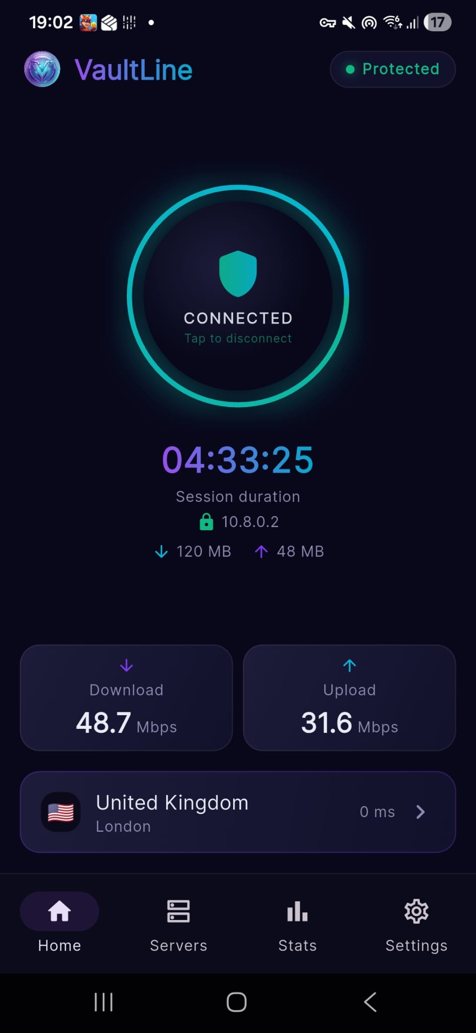 VaultLine VPN app showing active connection to UK London server with real-time speed monitoring